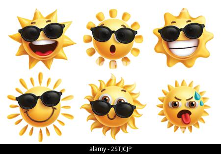 Sun Emoji Charaktere Clipart Set. Sommersonnenemojis Face Clip Art Kollektion mit Gesichtsausdrücken wie Happy, Shock, niedlich, müde und cool getragen Stock Vektor