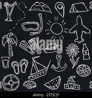 Symbole für die Sommerreise. Reise Urlaub Set von Symbolen, Reise und Reise Hintergrund. Reisesymbole auf weißem Hintergrund Stock Vektor