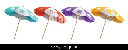 Clipart-Set für Sonnenschirme. Bunte Schirme Clip Art Sammlung für Sommerferien Jahreszeit Sonnenschirmschutz Objekt mit Sonnenzeichnung Icon Vektor Stock Vektor