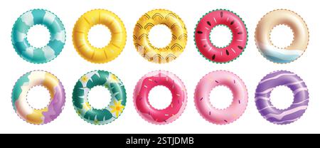 Sommer Floater Ring Clipart Set. Buntes aufblasbares Ringobjekt für Strand und Schwimmbad Life Save Equipment Clip Art Collection Elemente Vektor Stock Vektor
