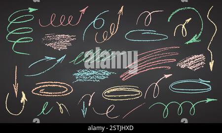 Bleistift in anthrazitfarbener Pastellfarbe zeichnen von Hand lockige Linien, Spritzer, Squiggles und Formen. Weiße Elemente auf dem Schwarzen Brett. Grunge Kreide Kreide Scribbles Stock Vektor