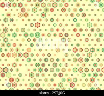 Abstraktes Mosaik-Sechseckformen Hintergrund. Mehrfarbige geometrische Elemente unterschiedlicher Größe. Auffälliges, abgerundetes, gestapeltes Sechseck-Mosaikmuster. Stock Vektor