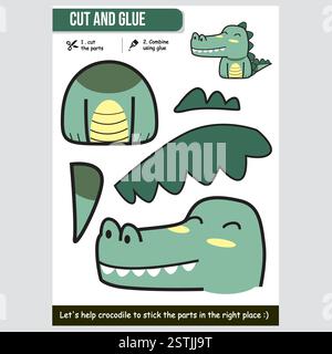 Niedliches Krokodilpapier für Kinder lustige Lernaktivitäten mit Schneide- und Klebespiel Stock Vektor