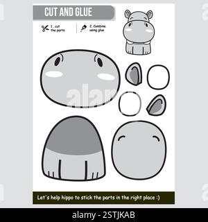 Vektor-Illustration eines niedlichen Nilpferds für Kinder pädagogisches Papierspiel, Schnitt und Klebe Aktivität Stock Vektor