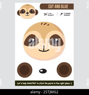 Pädagogisches Papierspiel für Kinder mit einer niedlichen Erdmännchen-Illustration zum Schneiden und Kleben Stock Vektor