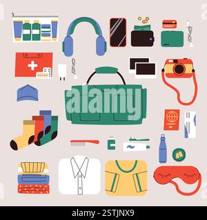 Reise Essentials Flache Vektor Illustration Verpackung Checkliste, Gepäck, Kleidung, Gadgets, Toilettenartikel, Reisepass und Zubehör für eine Reise Stock Vektor