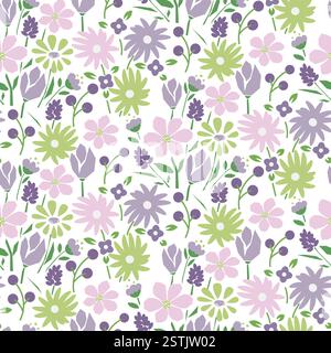 Wunderschönes nahtloses Blumenmuster im Frühling mit leuchtend lila grünen Sommerblumen. Botanische Wiederholung auf weißem Hintergrund. Stock Vektor