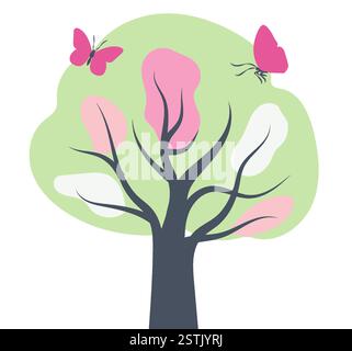 Bunte Vektor-Illustration eines Baumes mit rosa Schmetterlingen vor einem pastellfarbenen Hintergrund Stock Vektor