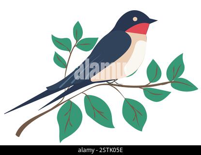 Bunte Vektor-Illustration eines Vogels, der auf einem Zweig mit Blättern in einem hellen und einfachen Design thront Stock Vektor