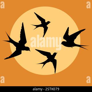 Silhouettenvögel fliegen gegen einen warmen Sonnenuntergang Hintergrund in Vektor-Illustration Stil Stock Vektor