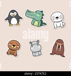 Bündel von Zeichentricktieren in fröhlicher Vektorillustration für Kinder und Familien Stock Vektor