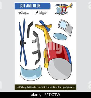 Lernblatt zum Schneiden und Kleben von Cartoon-Hubschraubern für Kinder Stock Vektor