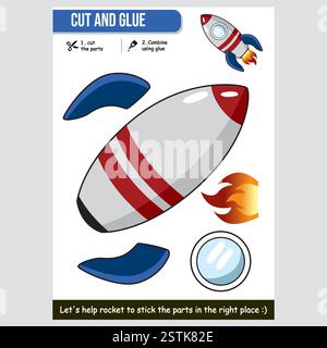 Trainingsblatt zum Schneiden und Kleben von Zeichentrickraketen für Kinder Stock Vektor