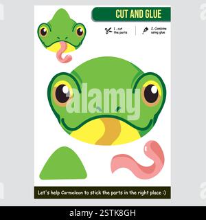 Arbeitsblatt zum Ausschneiden und Kleben von Tierchamäleons für die Kinderschulung Stock Vektor