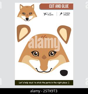 Zeichentrickfilm Wolf Ausschneiden und Kleben für Kinder. Bildungs-DIY-Bastelprojekt Stock Vektor