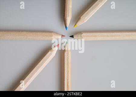 Sechs rohe Holzstifte auf weißem Hintergrund Stockfoto