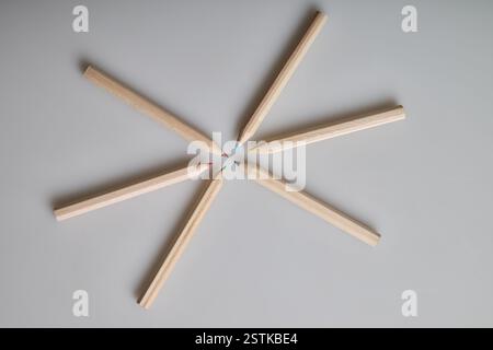 Sechs rohe Holzstifte auf weißem Hintergrund Stockfoto