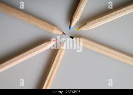 Sechs rohe Holzstifte auf weißem Hintergrund Stockfoto