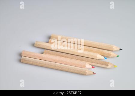 Sechs rohe Holzstifte auf weißem Hintergrund Stockfoto