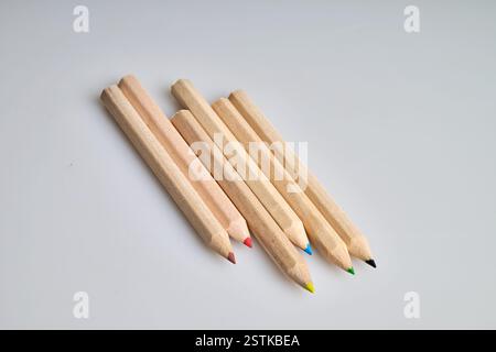 Sechs rohe Holzstifte auf weißem Hintergrund Stockfoto
