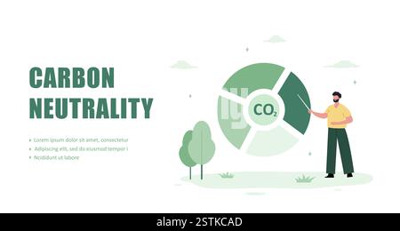 CO2-Neutralität. Null-Nettoemissionen und CO2-Kohlendioxidbilanz. Konzept der umweltfreundlichen industriellen Entwicklung. Männlicher Charakter untersucht Emissionen. Vektor Stock Vektor