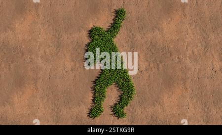 Konzept Konzept Grün Sommer Rasen Gras Symbolform auf braunem Boden oder Erde Hintergrund, ein Gewicht werfendes Athlet Zeichen. 3D-Abbildung Stockfoto