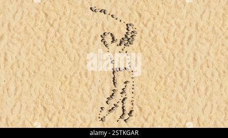 Konzept konzeptuelle Steine am Strand Sand handgemachte Symbolform, goldener sandiger Hintergrund, Golf Spieler Zeichen. Eine illustration aus dem jahr 3D für den Sport Stockfoto