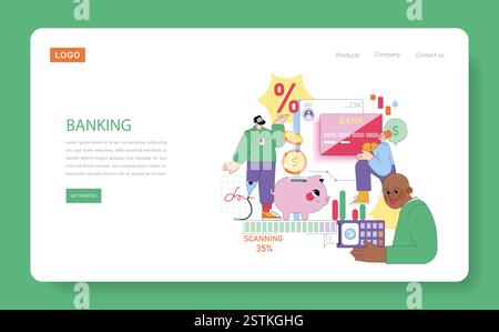 Bankkonzept. Digitale Finanzdienstleistungen mit Geldtransaktionen, Kreditkartennutzung und Online-Einsparungen. Einzelpersonen interagieren mit Technologie, Daten und Finanztools. Vektorabbildung. Stock Vektor