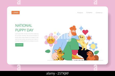 Der nationale Welpentag fördert die Adoption und Wertschätzung der Welpen. Es zeigt freudige Momente, die Menschen und verspielte Welpen teilen, und hebt Liebe und Gesellschaft hervor. Vektorabbildung. Stock Vektor