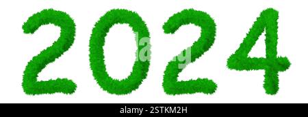 Konzept Konzept 2024 Jahre aus grünem Sommer Rasen Grassymbol isoliert auf weißem Hintergrund. 3D-Illustration als Metapher für die Zukunft, die Natur Stockfoto