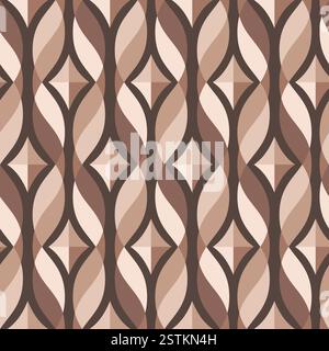 Geometrisches Retro-Muster mit Braun- und Beigetönen, ineinandergreifende Formen im Curved Line Design, gekrümmte Linien und Diamantformen, nahtlos wiederholter Vektor Stock Vektor