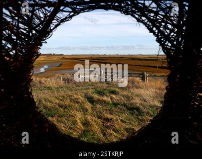 Landschaft mit Viehtor durch eine runde Öffnung aus Weidenzweigen. Stockfoto