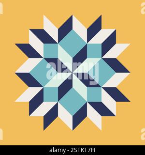 Geometrischer Muster Kunstdruck mit blauen und senfgelben Akzenten, sich wiederholenden Mustern, Vektorkunststil, einfache Formen, flache Farbblöcke, Retro-Design Stock Vektor