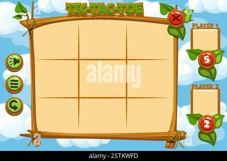Leere Oberfläche Tic-Tac-Toe Game UI für dein 2D-Spieldesign. Board Logic Game UI. Vektorstrategiespiel Nullen und Kreuze, Stock Vektor