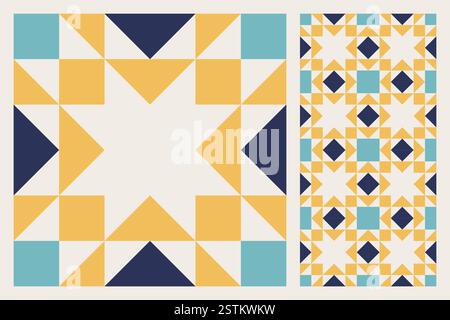 Geometrisches Sternmuster, fettes und farbenfrohes Steppdesign mit sich wiederholendem Motiv, nahtloses Vektormuster, abstrakter geometrischer Hintergrund. Traditionelle Scheune Stock Vektor