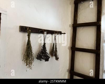 Ein gemütliches, rustikales Interieur mit getrockneten Kräutern, die an einer Holzschiene und Leiter hängen. Stockfoto