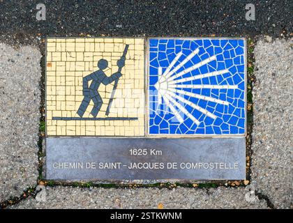 Schild Camino de Santiago in Chartres, Frankreich Stockfoto