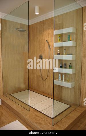 Modernes Bad mit sauberer, ebenerdiger Dusche mit Glastür und modernen Designelementen, perfekt für die Inneneinrichtung. Stockfoto