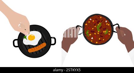 Männliche Hände halten gusseiserne Pfanne mit Chili con carne und weibliche Handgrün schmücken Fry Ei Set 2. Isoliert auf weißer Vektor-Illustration Themenkarten, Poster oder Web, Werbebanner, Faltblatt, Etikett Stock Vektor