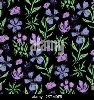 Durchgehendes Blumenmuster. Nahtlose Flieder- und rosafarbene Blumen mit grünem Blätterdruck auf schwarzem Hintergrund. Stockfoto
