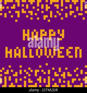 Pixel Art Text Happy Halloween und abstrakte Tetris Formen oben und unten Halloween Rahmen Idee. Vektor-Illustration Gruß- oder Themenkarte, Einladung, Etikett oder Web-Promo-Banner, Faltblatt, Tag Stock Vektor