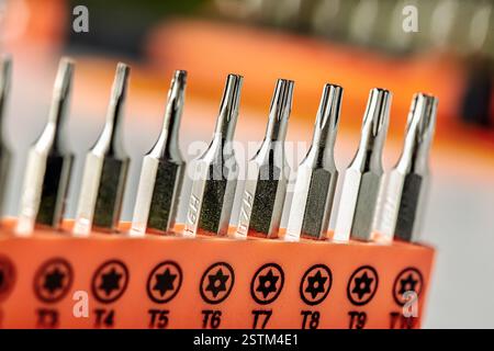Detail der magnetischen Präzisionsschraubendreher-Bits von torx und torx auf weißem Hintergrund Stockfoto
