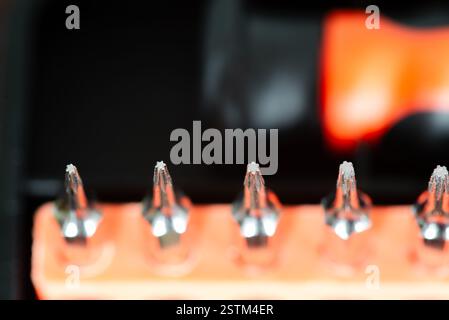 Detail der magnetischen torx-Präzisionsschraubendreher-Bits auf weißem Hintergrund Stockfoto