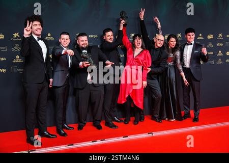 Granada, Spanien. Februar 2025. Carlos Valle, David Pérez Sañudo, Iván Miñambres, Néstor López, Pepe Castro und Pilar Sancho sind Träger des Goya Award Stockfoto