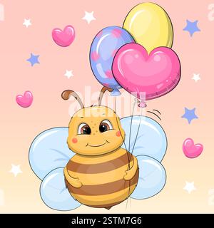 Niedliche Zeichentrickmaus mit Ballons und Schnecke. Vektor-Illustration eines Tieres auf einem rosa Hintergrund mit Herzen und Sternen. Stock Vektor