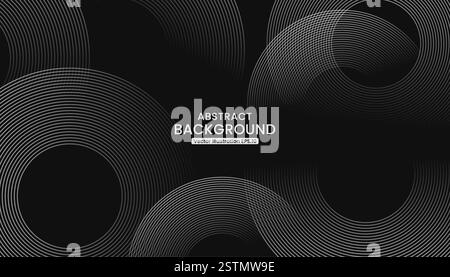 Moderner dunkler abstrakter Hintergrund mit grauen glühenden Kreismischlinien isoliert auf schwarzem Hintergrund. Vektorkonstruktion Stock Vektor