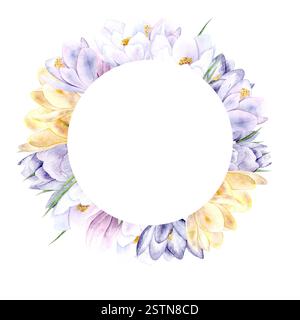 Ein Kranz aus Frühlingsblumen. Hyazinthen, Krokusse und Mimosen sind handbemalt mit Aquarell auf weißem Hintergrund. Die Abbildung eignet sich für Kartendesign, Verpackung und Textilien Stockfoto