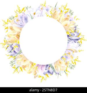 Ein Kranz aus Frühlingsblumen. Hyazinthen, Krokusse und Mimosen sind handbemalt mit Aquarell auf weißem Hintergrund. Die Abbildung eignet sich für Kartendesign, Verpackung und Textilien Stockfoto