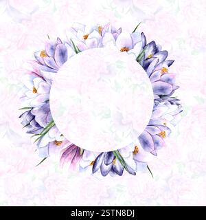 Ein Kranz aus Frühlingsblumen. Hyazinthen, Krokusse und Mimosen sind handgemalt in Aquarell auf einem Hintergrund aus Blumen. Die Illustration eignet sich für die Gestaltung von Karten, Verpackungen und Textilien Stockfoto