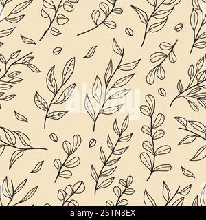 Elegantes nahtloses Muster mit handgezeichneten Blättern im minimalistischen Linienart-Stil auf warmbraunem Hintergrund. Perfekt für Tapeten, Textilien, Packagi Stock Vektor